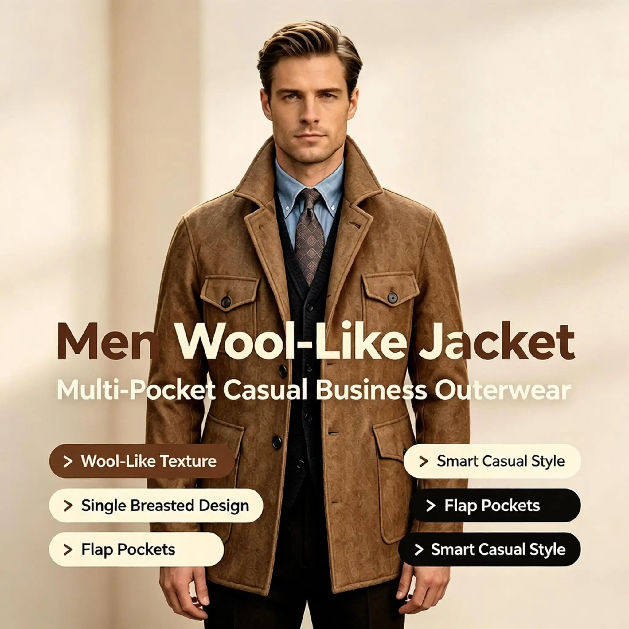 Men Woolen Blend Jacket Multi Flap Pockets Single Breasted Turn Down Collar Casual Outdoor Business Streetwear Outerwear