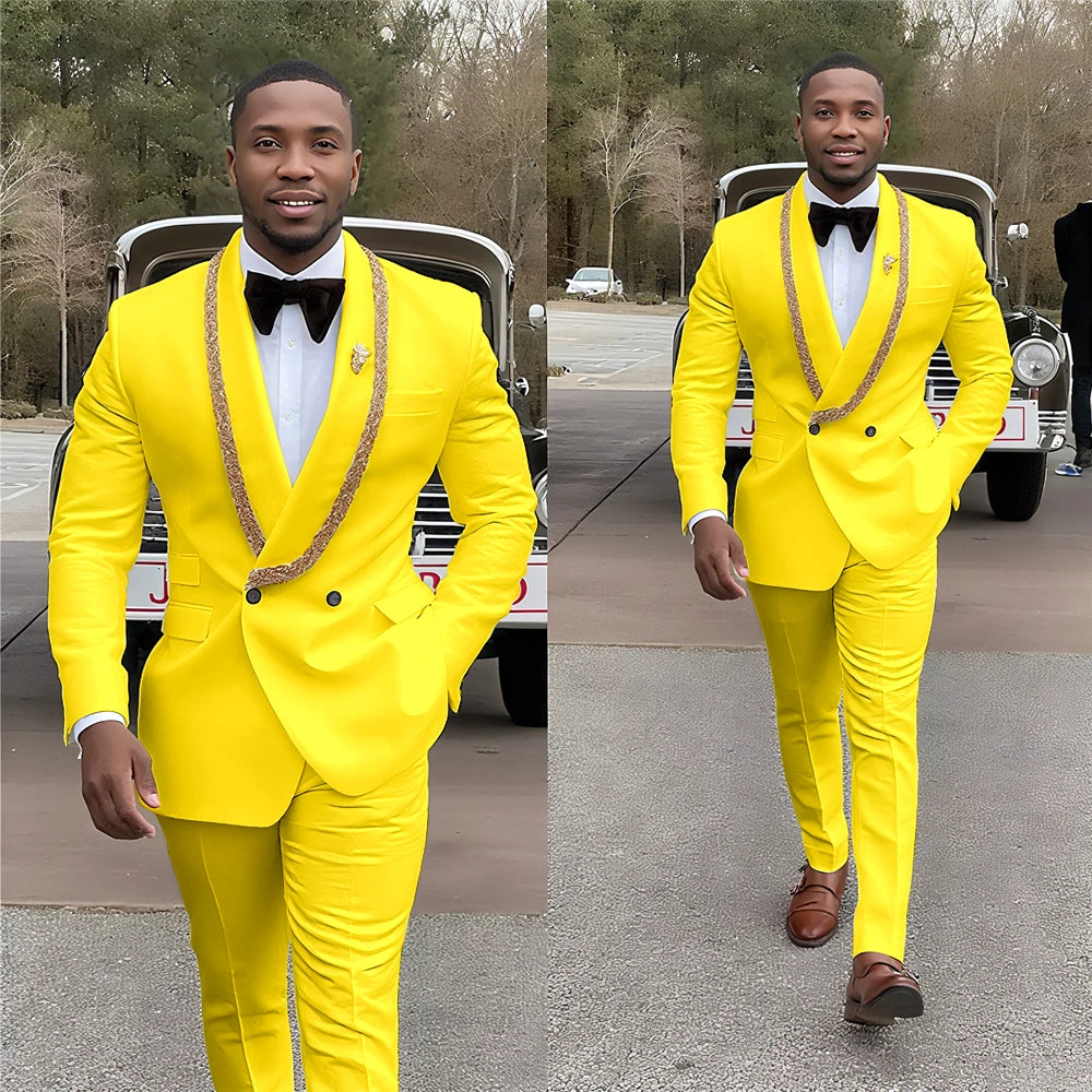 Handsome Men's Suits Double Button Shawl Lapel Solid Color Outfit Man Set 2 Piece Casual Daily Office Prom Male Clothing
