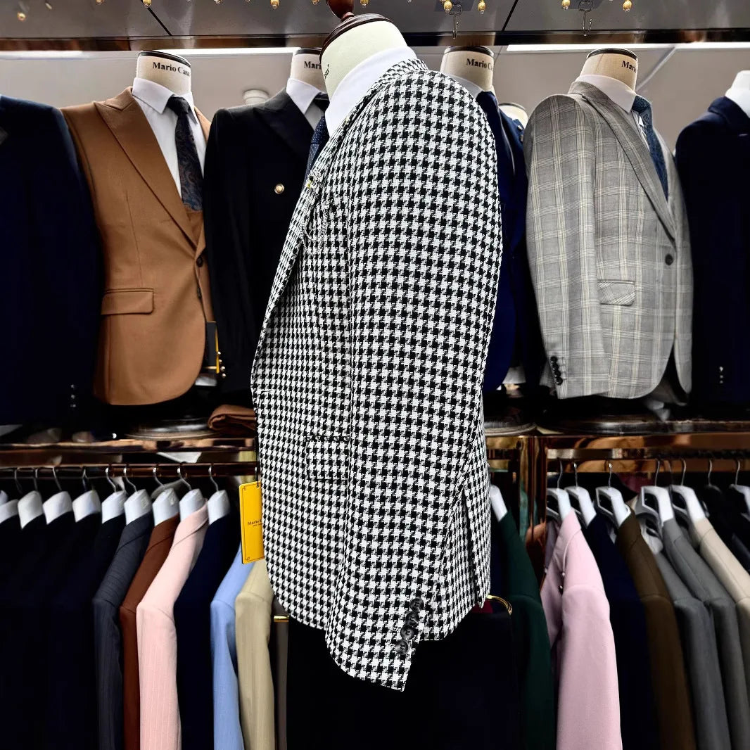 (Blazers + Pants + Vest) New Men Business Social Slim Fit Checkered Suit Male Wedding Ball Party Striped Tuxedo Dress 3Piece Set