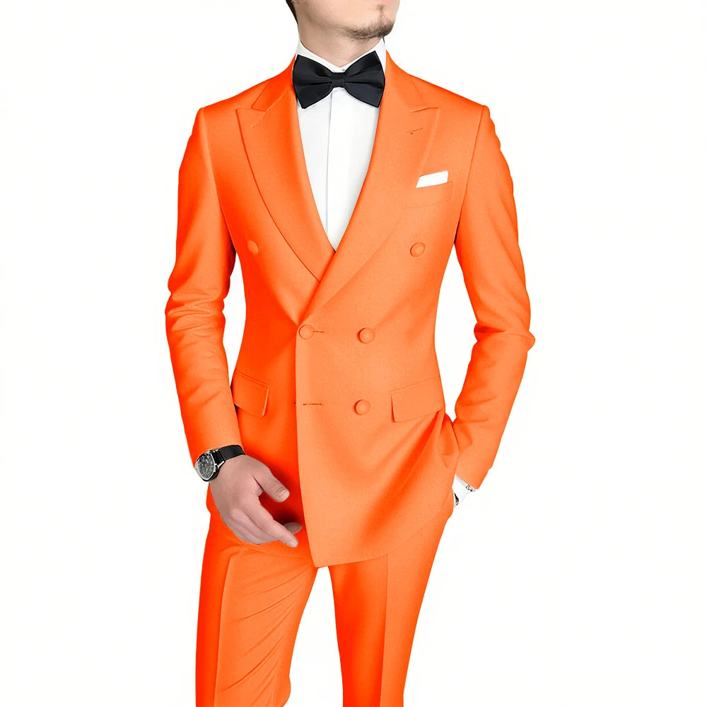 Classic Black Men's Suit Fashion Peak Lapel Double Breasted Outfits Wedding Groom Prom Business Formal Suit (Jacket+Pants)