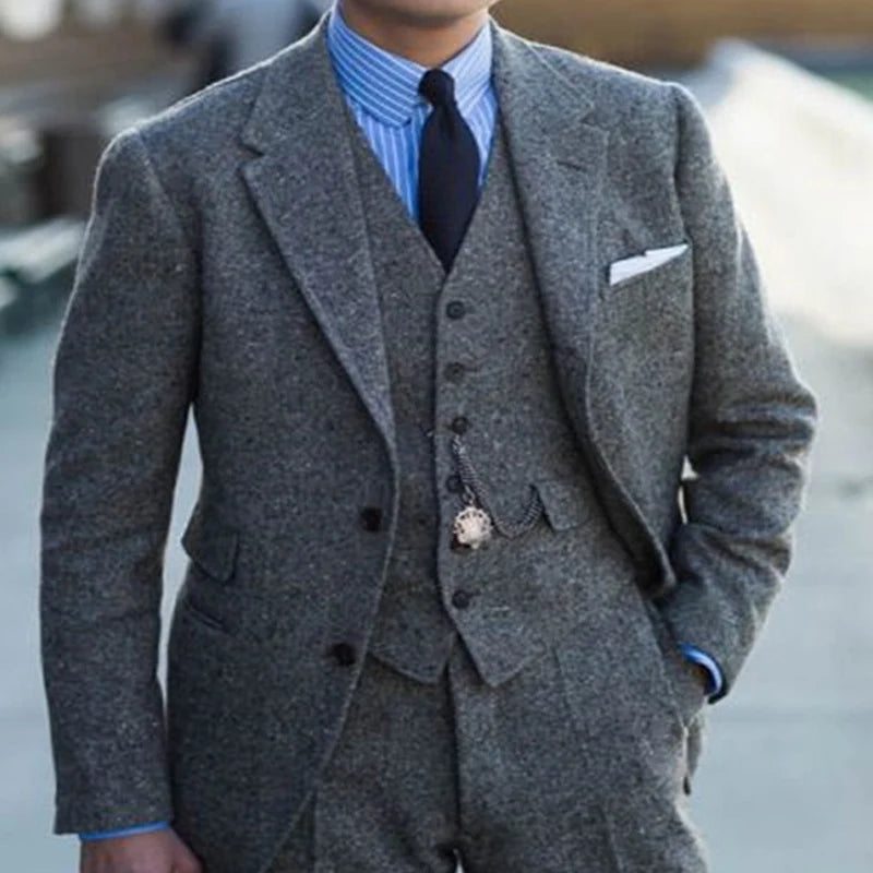 Luxury Wool Men Suits 3 Piece Gray Tweed Wedding Groom Tuxedo With Notched Lapel Fashion Smart Casual Party Male Suit 2024