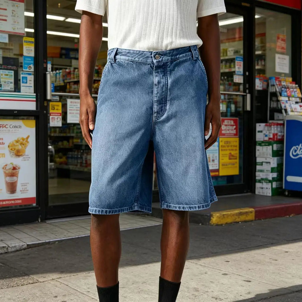 Men's Light Blue Denim Shorts Loose Fit Casual Straight Leg Jean Shorts Summer Breathable Cotton Denim Shorts for Daily Wear