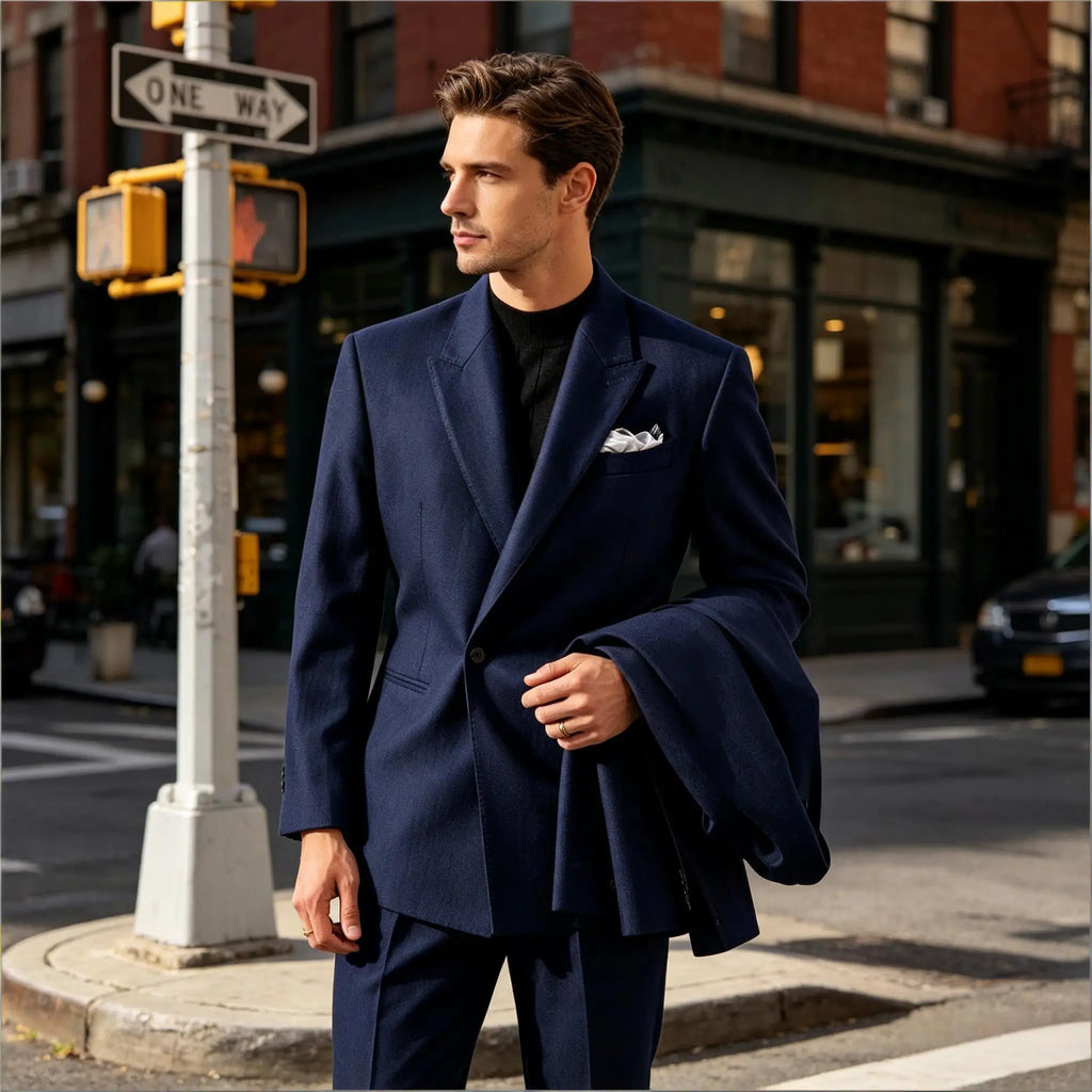 Men's Serge Suit Set Jacket Premium One Button Peak Lapel Slim Fit Tuxedo 2 Piece Blazer Pants Casual Business Wedding Formal