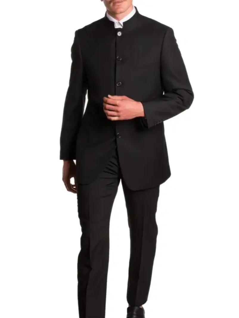 2 Pieces Black Men's Stand Collar  Wedding Suit Five Buttons Formal Jacket and Trousers Tuxedos for Party Prom