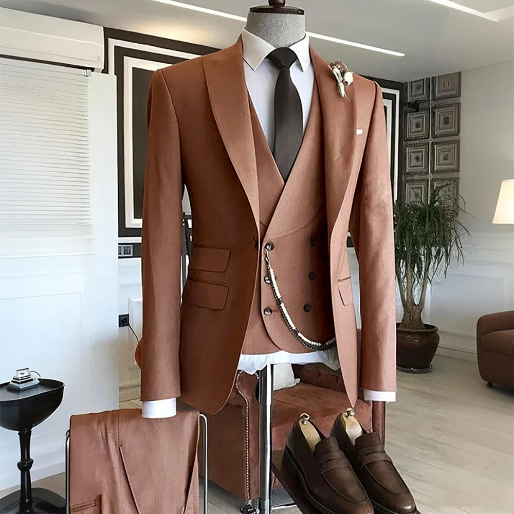 Men's Suit Formal Set 3 Piece Chic Single Button Peak Lapel Slim Fit Outfit Jacket Pants Vest High Quality Business Casual