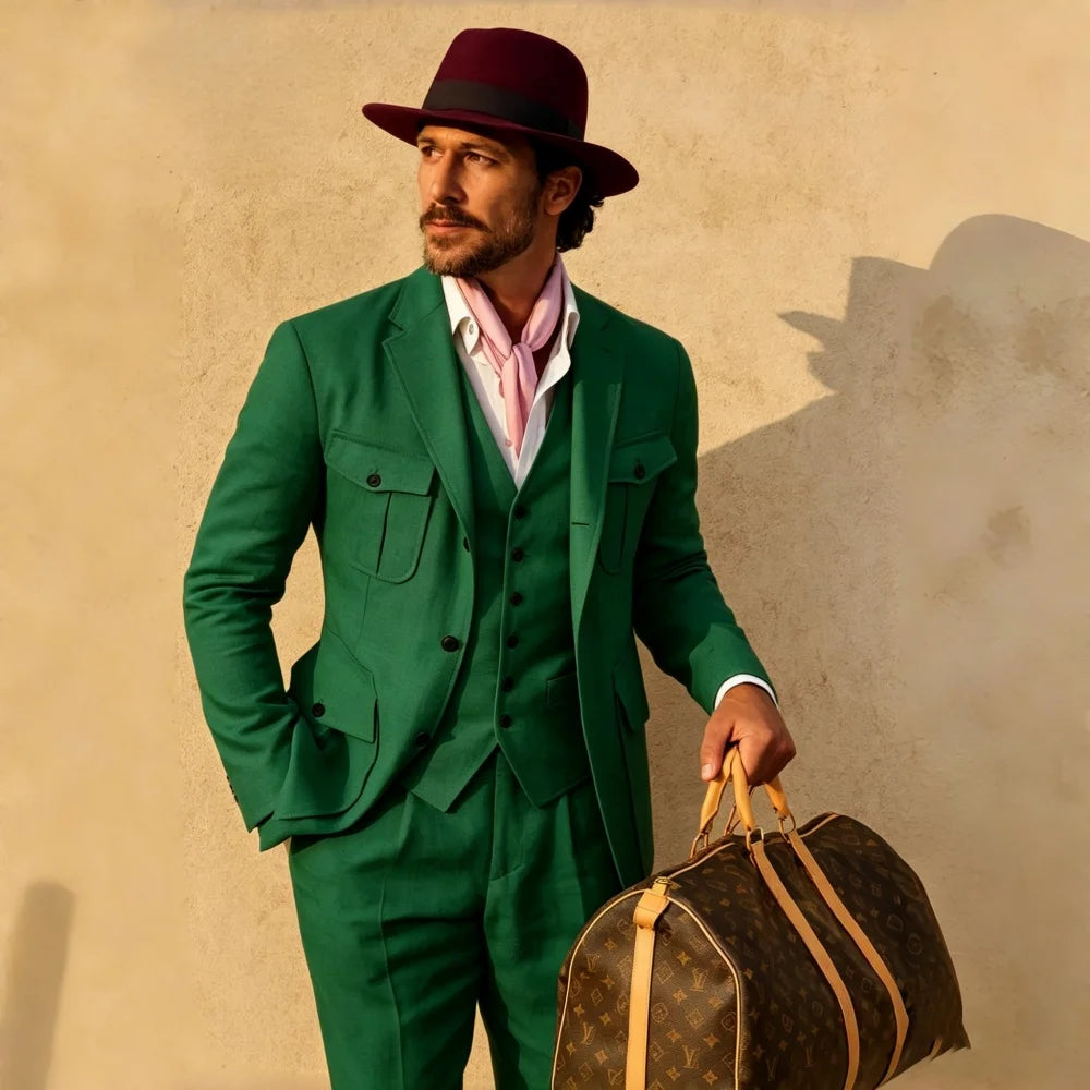Beige Linen Safari Men Suits 3 Pieces Summer Men Suits Breathable Casual Formal Blazer Vest Pants Set for Male Daily Wear