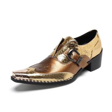 Men's New Le Fu Shoes, Men's Genuine Leather, Gold Pointed Metal Buckle, Rivet Party Business Shoes