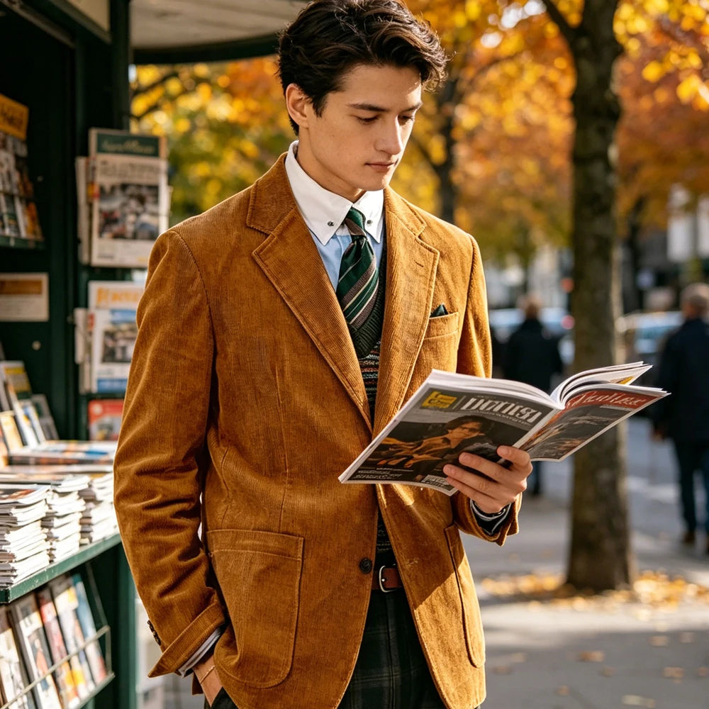 Men's Corduroy Blazer British Style Notched Lapel Casual Slim Fit Suit Jacket For Business Wedding Daily Wear Party