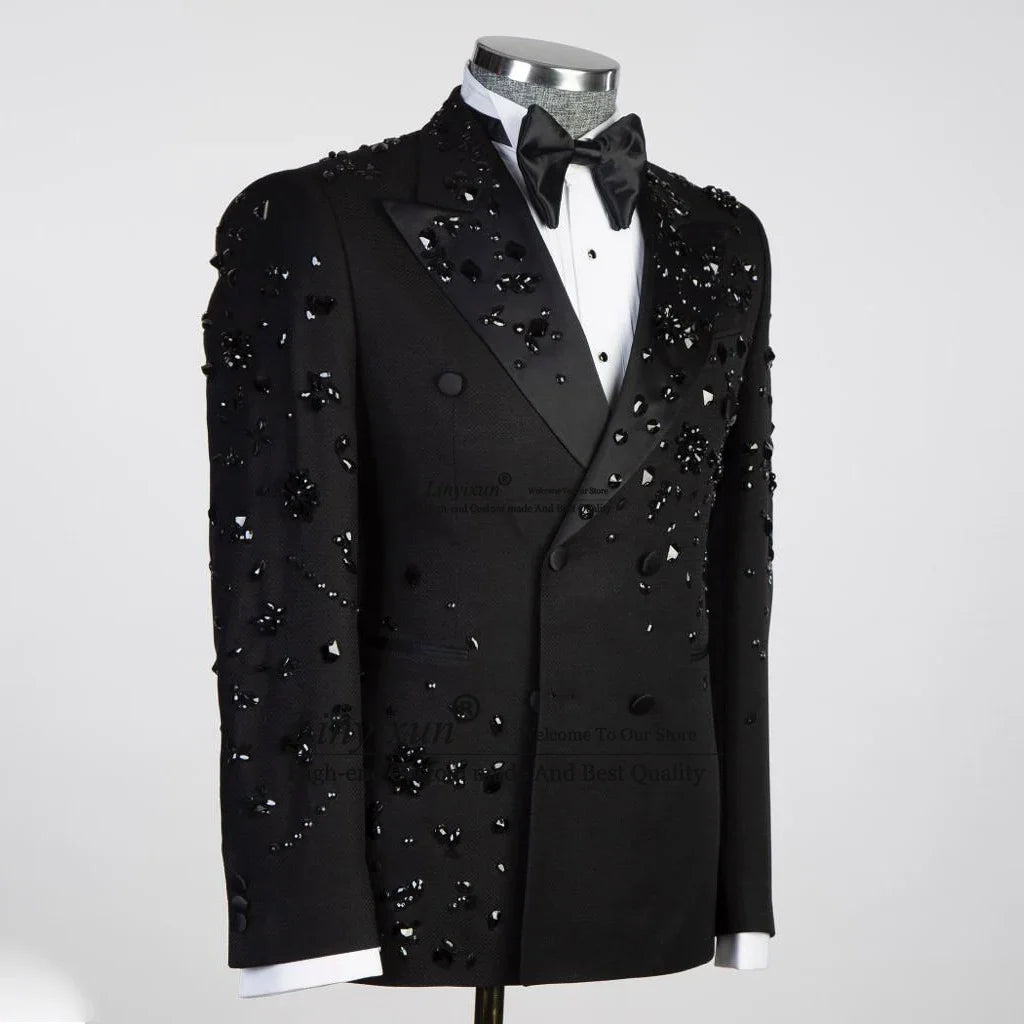 Luxury Metal Embellished Men Suits Notched Lapel Groom Tuxedos Wedding Prom Blazers Pants Outfit Terno Masculino Completo