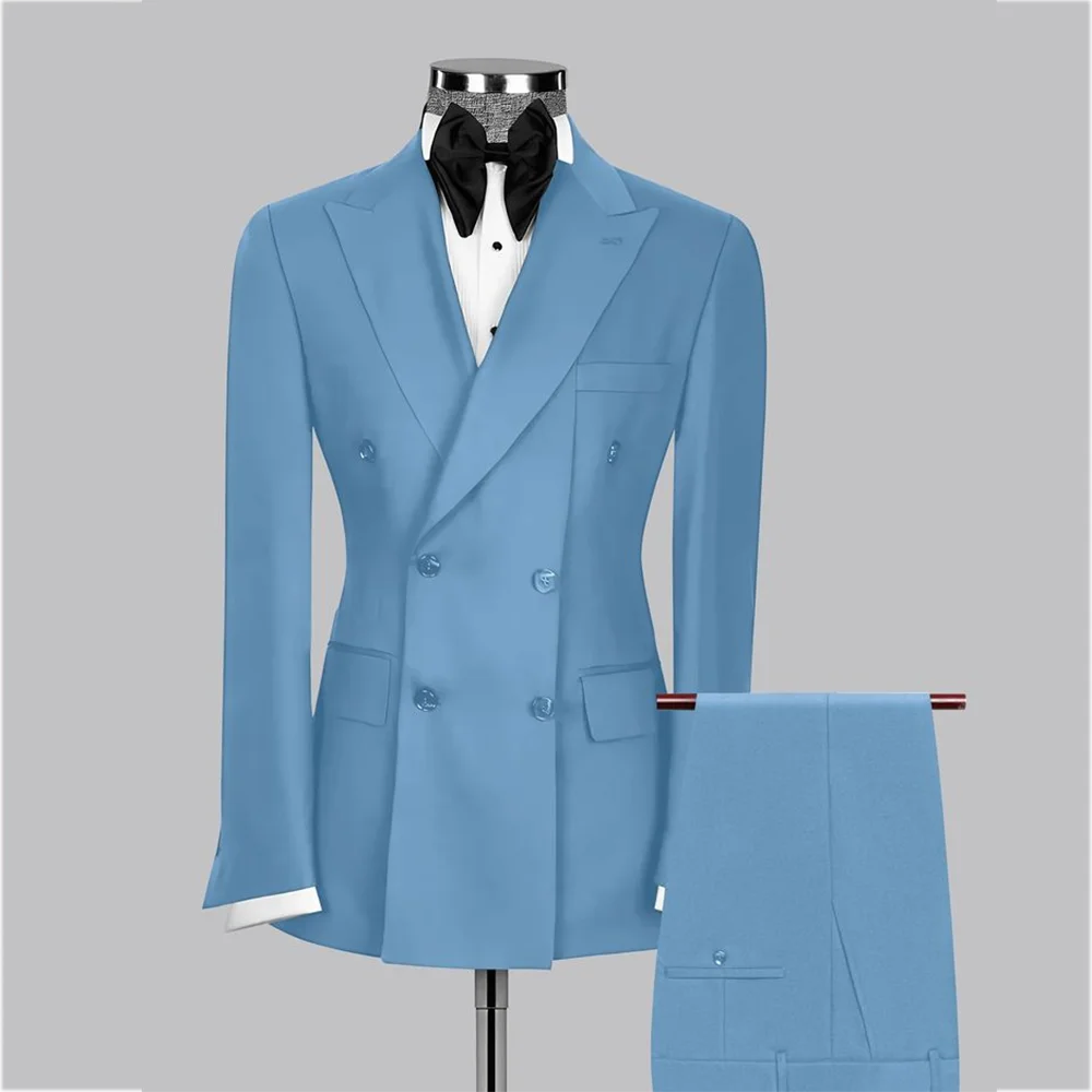 Peaked Lapel Slim Men's Suit High Quality Outfit Blazer Set Double Breasted Pleat Business Casual Formal Wedding Clothes