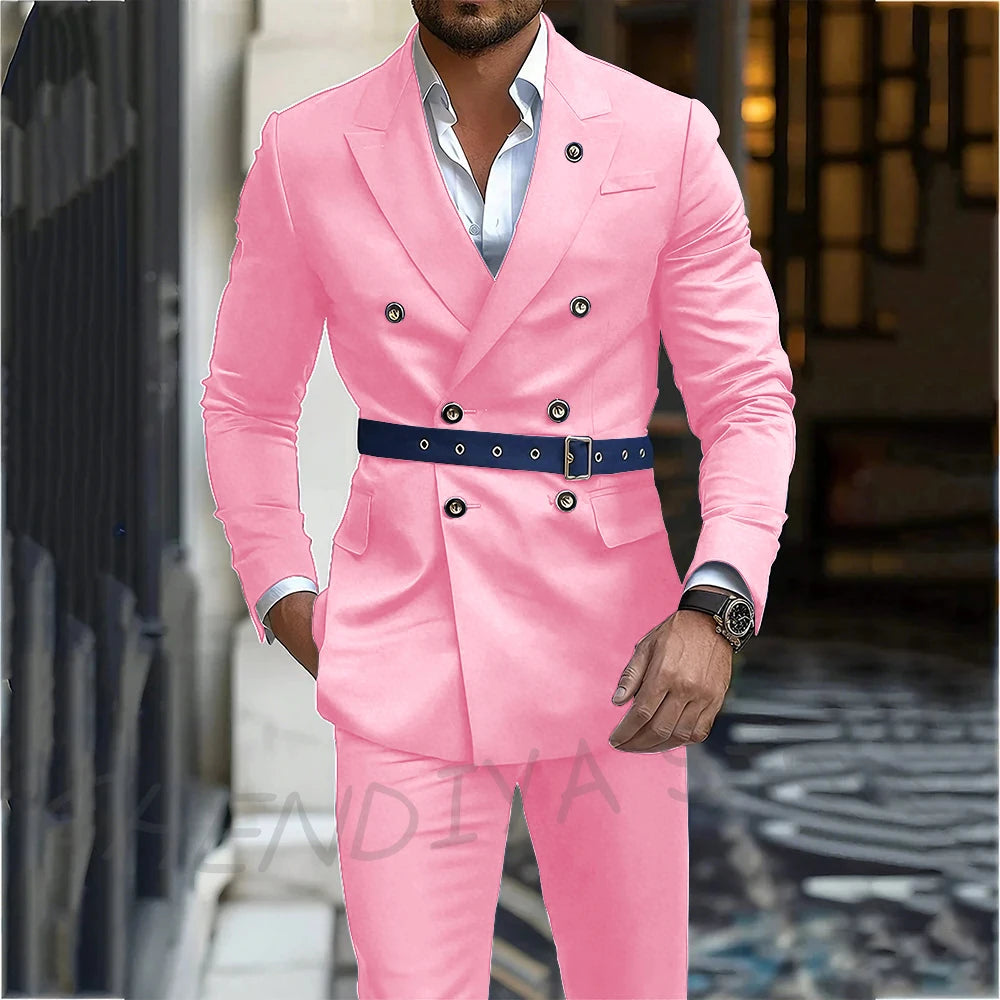Navy Blue Men's Suit Classic Peak Lapel Blazer Double Breasted Formal Set Two Piece Business Casual Male Clothing Without Belt