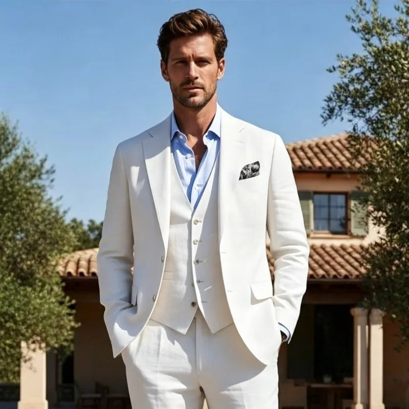 Beige Linen Wedding Tuxedo 3 Pieces Summer Suits for Men Slim Fit Groom Blazer Trousers Vest Set Beach Party Wedding Suits Men