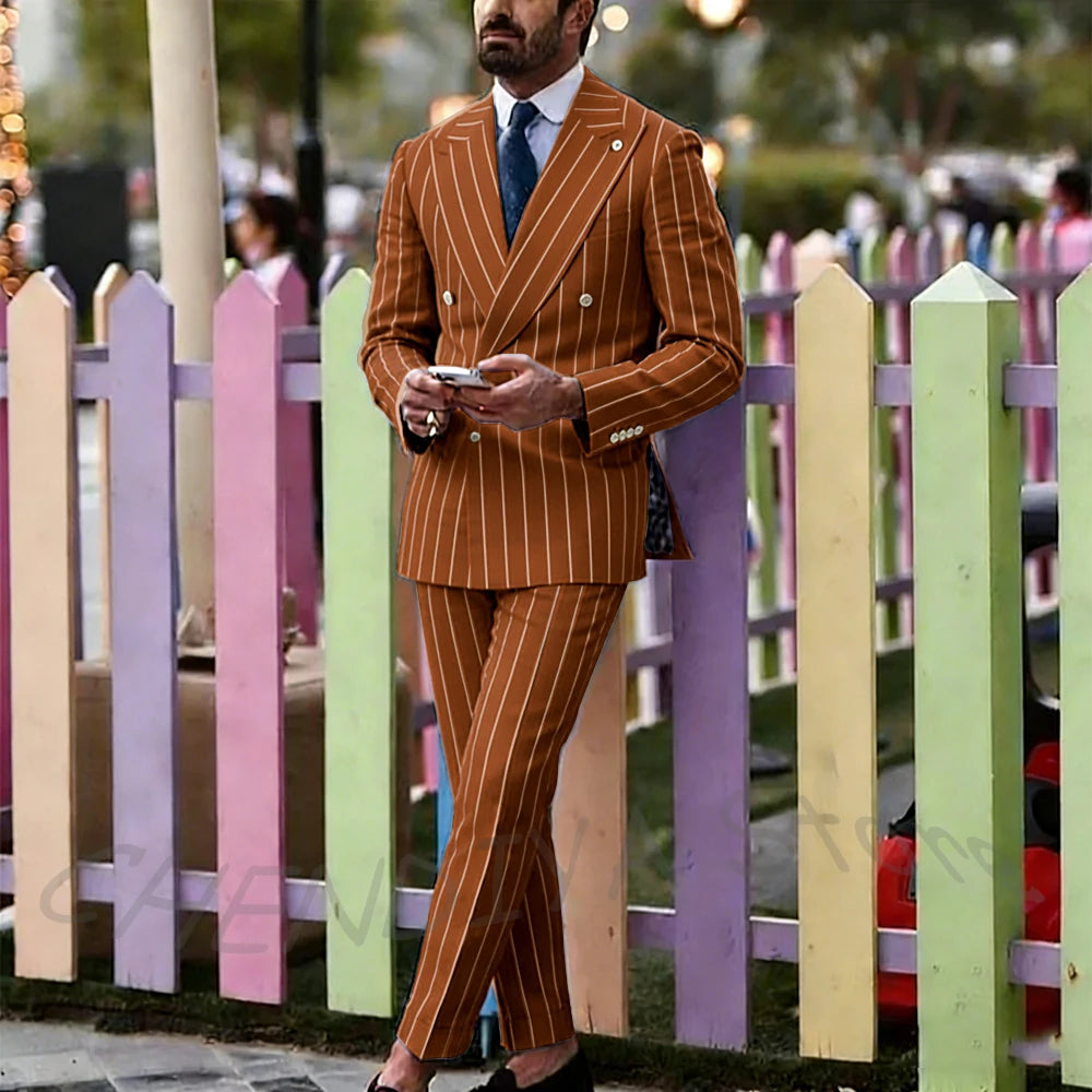 Light Purple Striped Men Suit England Style Peaked Lapel Double Breasted Classic Male Clothing Wedding Groom Tuxedo Custom Set