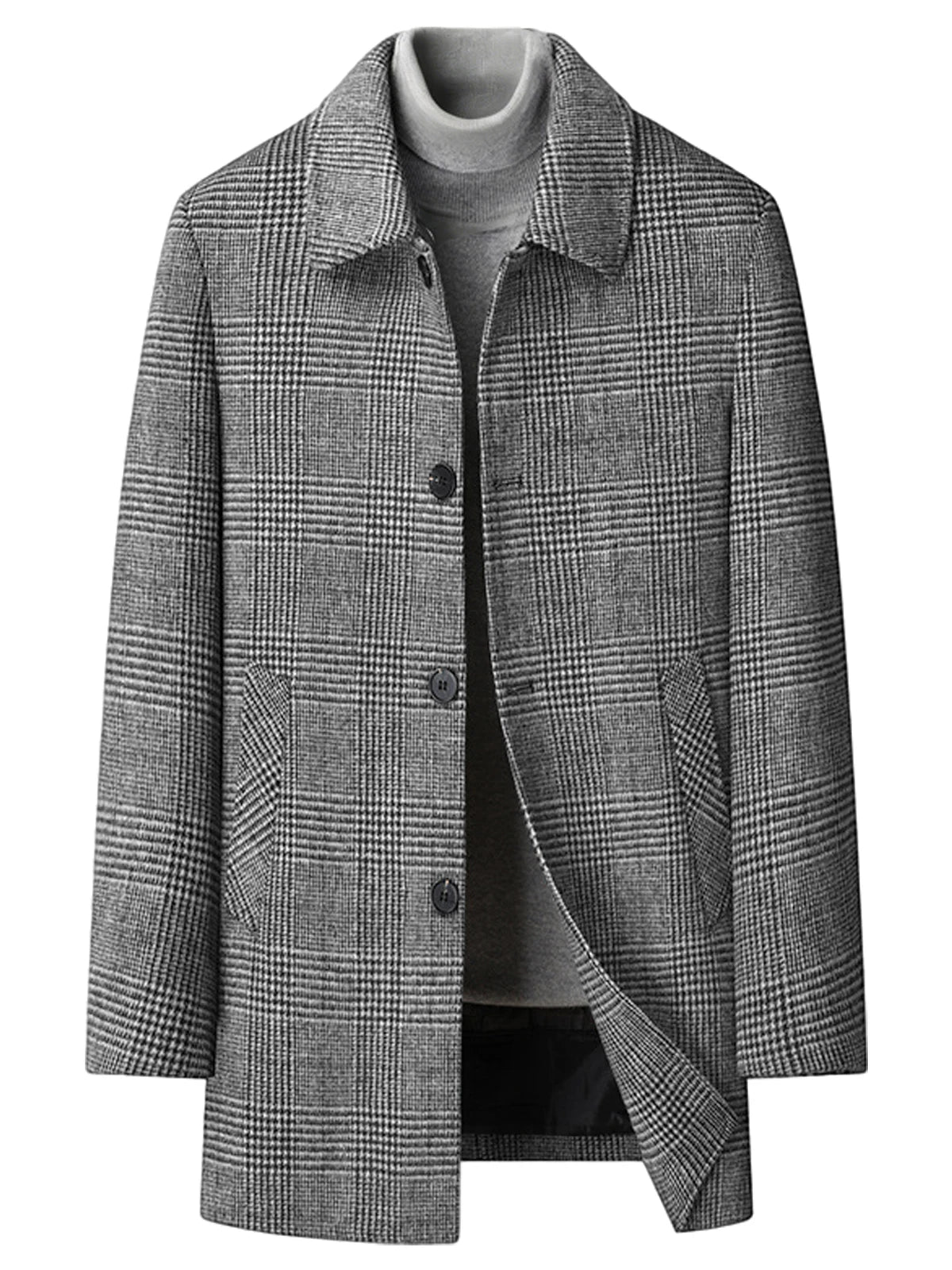 Men's Plaid Wool Blend Overcoat Turn Down Collar Mid Length Classic British Style Jacket For Business Casual