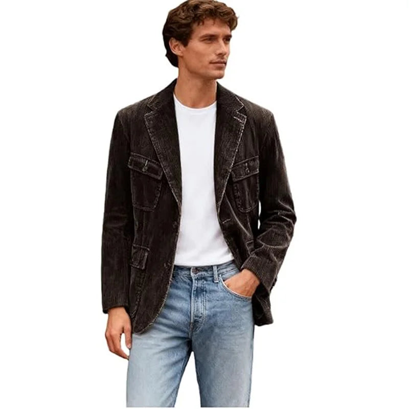 Vintage Men's Corduroy Casual Blazer Slim Fit Solid Color Black Brown Fashion Single Breasted Outerwear Customized Male's Jacket