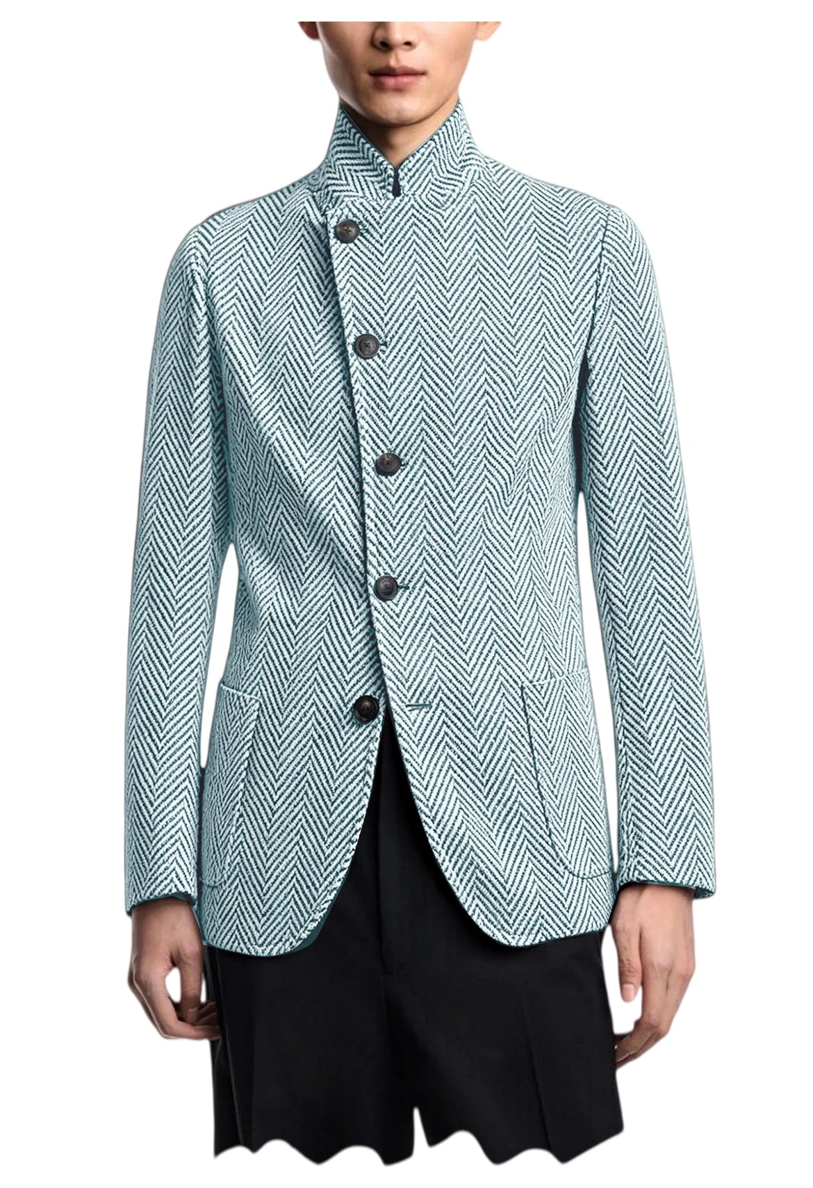 Vintage Men's Herringbone Jacket Stand Collar Slim Fit Wool Blend Formal Blazer Fashion British Style Sport Coat Business Casual