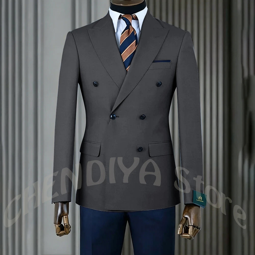 Stylish Men Suits Contrast Color Formal Blazer Male Clothing Double Breasted Business Casual Party Prom Jacket Pants Navy Blue