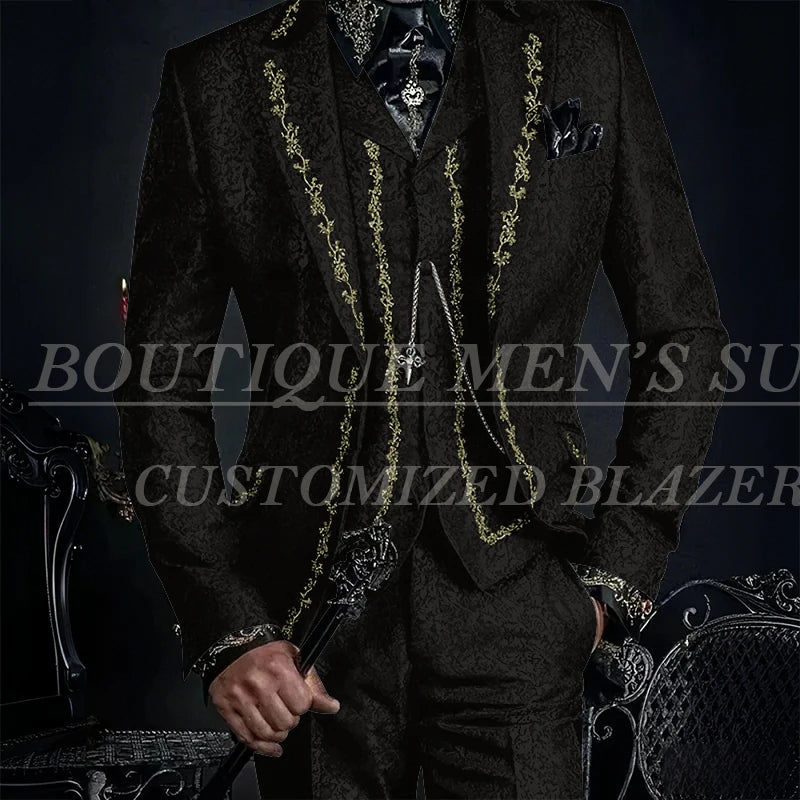 Elegant Black Jacquard Men Suits Embroidery Single Breasted Slim Fit 3 Piece Jacket Pants Vest Male Clothing Blazer Terno 2024