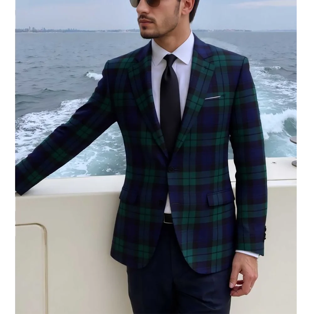 Elegant Plaid Formal Wedding Suit Slim High Quality Notch Lapel Single Button Unique Solid Pants Business Casual Male Set