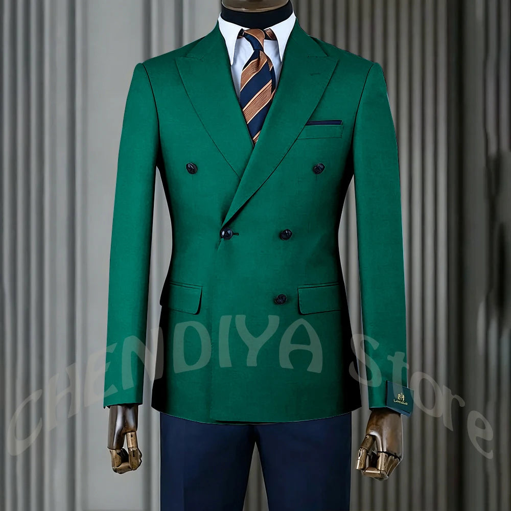 Stylish Men Suits Contrast Color Formal Blazer Male Clothing Double Breasted Business Casual Party Prom Jacket Pants Navy Blue