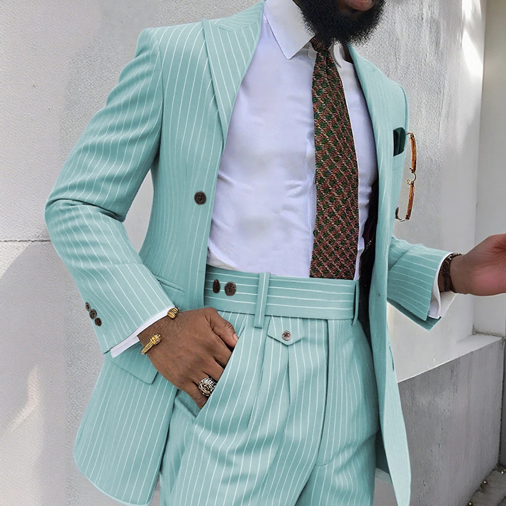 Brown Stripe Men Suits 2 Piece Chic Double Breasted Business Casual Outfits Fashion Peak Lapel Wedding Tuxedo (Jacket+Pants)