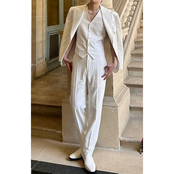 Elegant White Linen Men's Suit 3 Pieces Jacket Pants Vest Wedding Groom Tuxedo High Quality Luxury Male Clothing