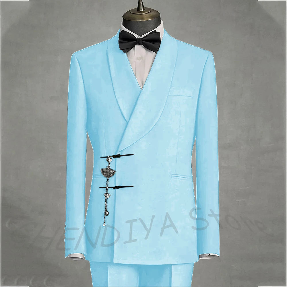Solid Black Men's Suits Slim Fit Double Button Business Pants Suit Tailored Prom Party Wedding 2 Piece Jacket With Pants