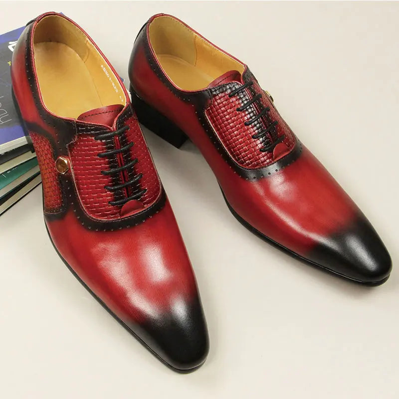 New Men's Business Leather Shoes Fashion Summer Lace-Up Red Black Hand Carved Wedding Shoes Anniversary Office Oxford Shoes