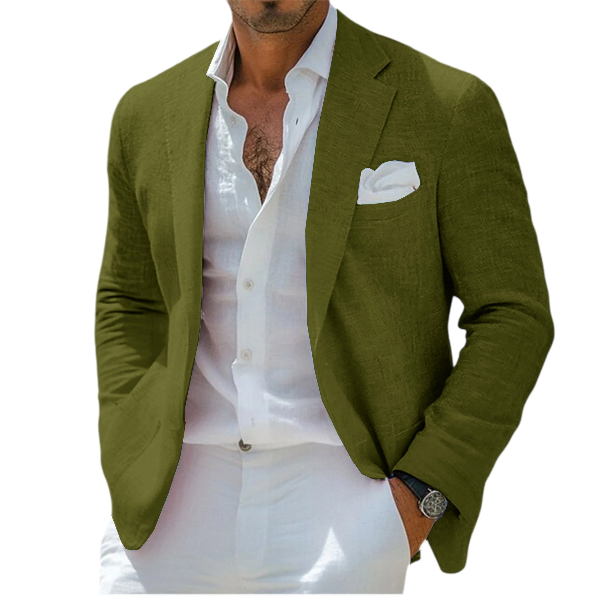 Men's Linen Blend Blazer Notched Lapel Single-Breasted Casual Business Sport Coat Slim Fit Breathable Lightweight Jacket
