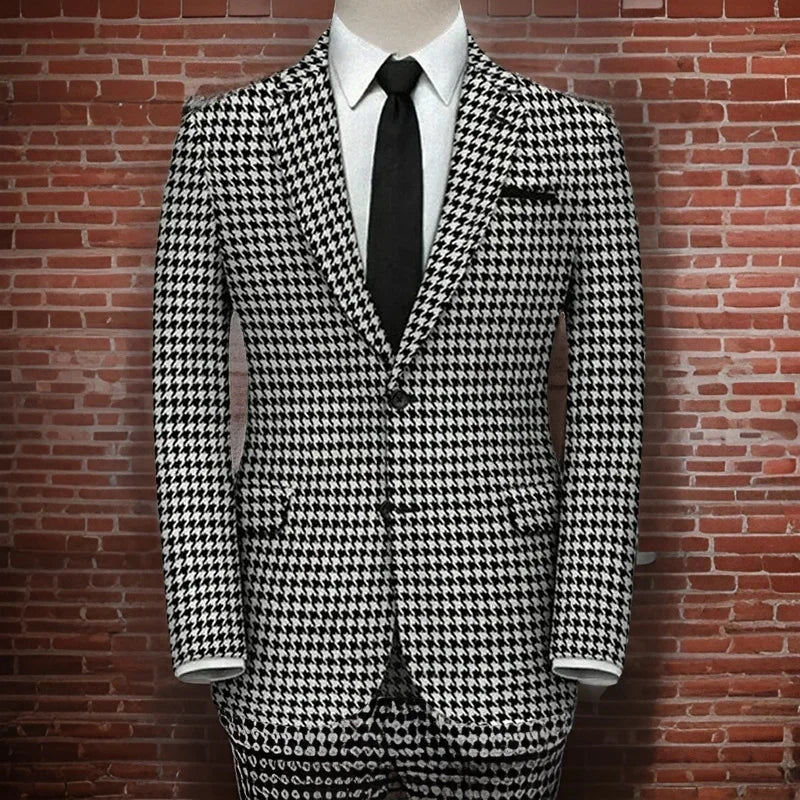 Plaid Blazer For Men 1 PCS Suit Jacket With Side Slit Slim Fit Houndstooth Checked Casual Coat 2025