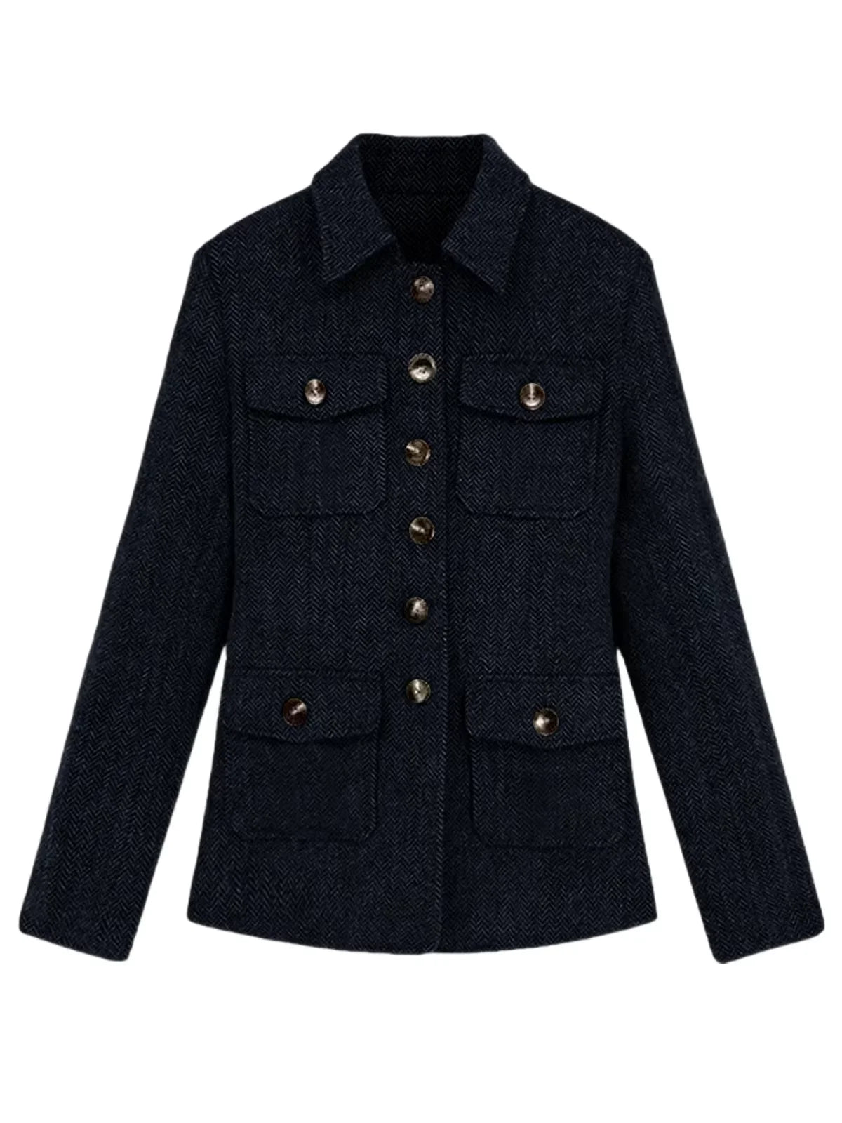 Men's Herringbone Wool Blend Blazer Jacket Notch Collar Utility Multi-Pocket Casual Overcoat For Spring Autumn