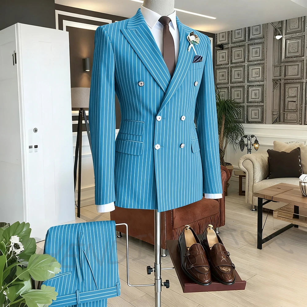 Brown Striped Men Suits Double Breasted Formal Outfits 2 Piece Male Clothing Business Casual Tailored Party Prom Jacket Pants