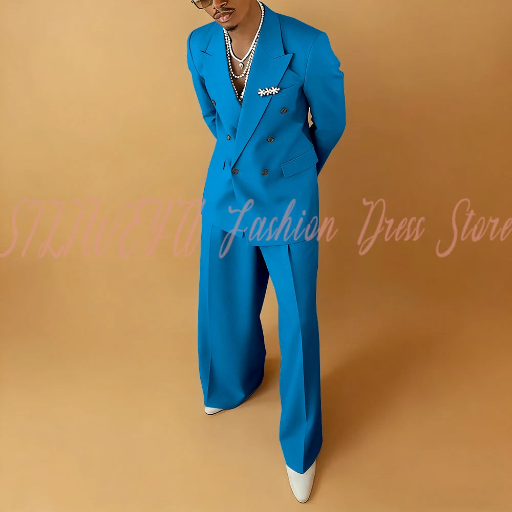 Double Breasted Men Solid Color Suit 2 Pieces Jacket Pants Business Casual Social Party Male Clothing Best Man Costumes Hommes