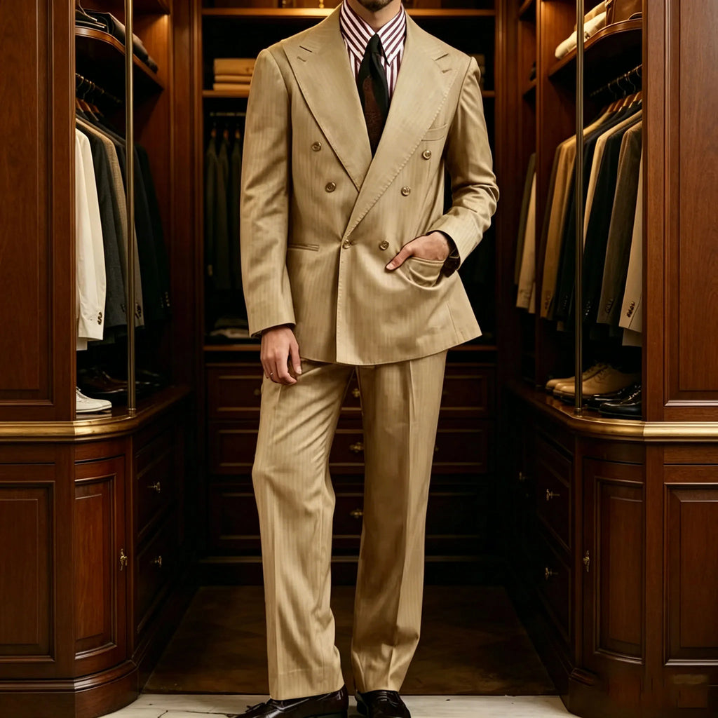 Men's Khaki Suit 2 Piece Set Double Breasted Peak Lapel Blazer Straight Leg Pants Fashion Formal Outfit Business Casual Wedding