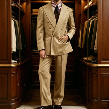 Men's Khaki Suit 2 Piece Set Double Breasted Peak Lapel Blazer Straight Leg Pants Fashion Formal Outfit Business Casual Wedding