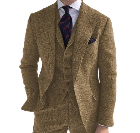 Men's Sits 3 peças 3 peças lã verde Tweed Herringbone Busine