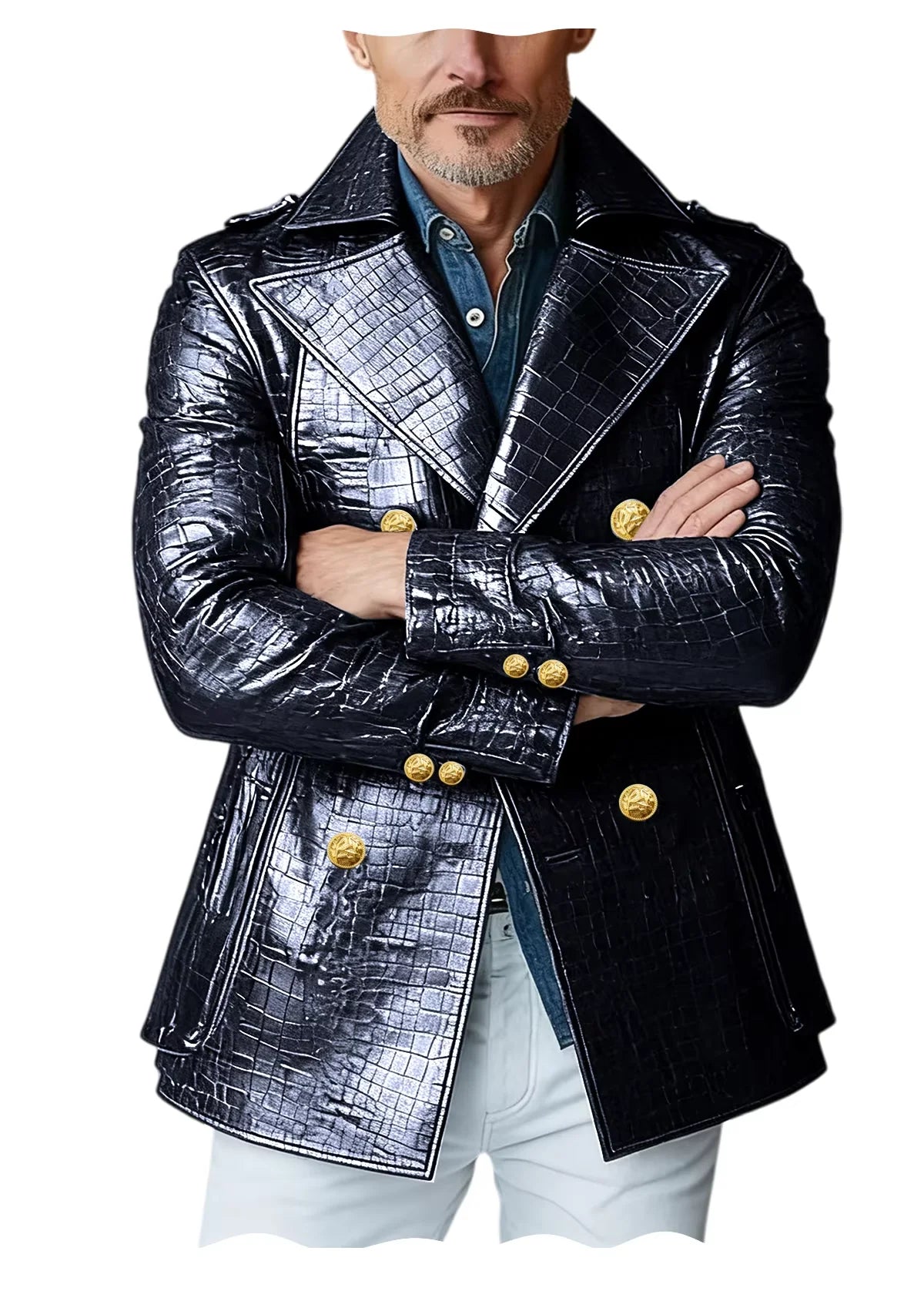 Men's Crocodile Embossed Leather Peacoat Double Breasted Gold Button Jacket Luxury Casual Overcoat