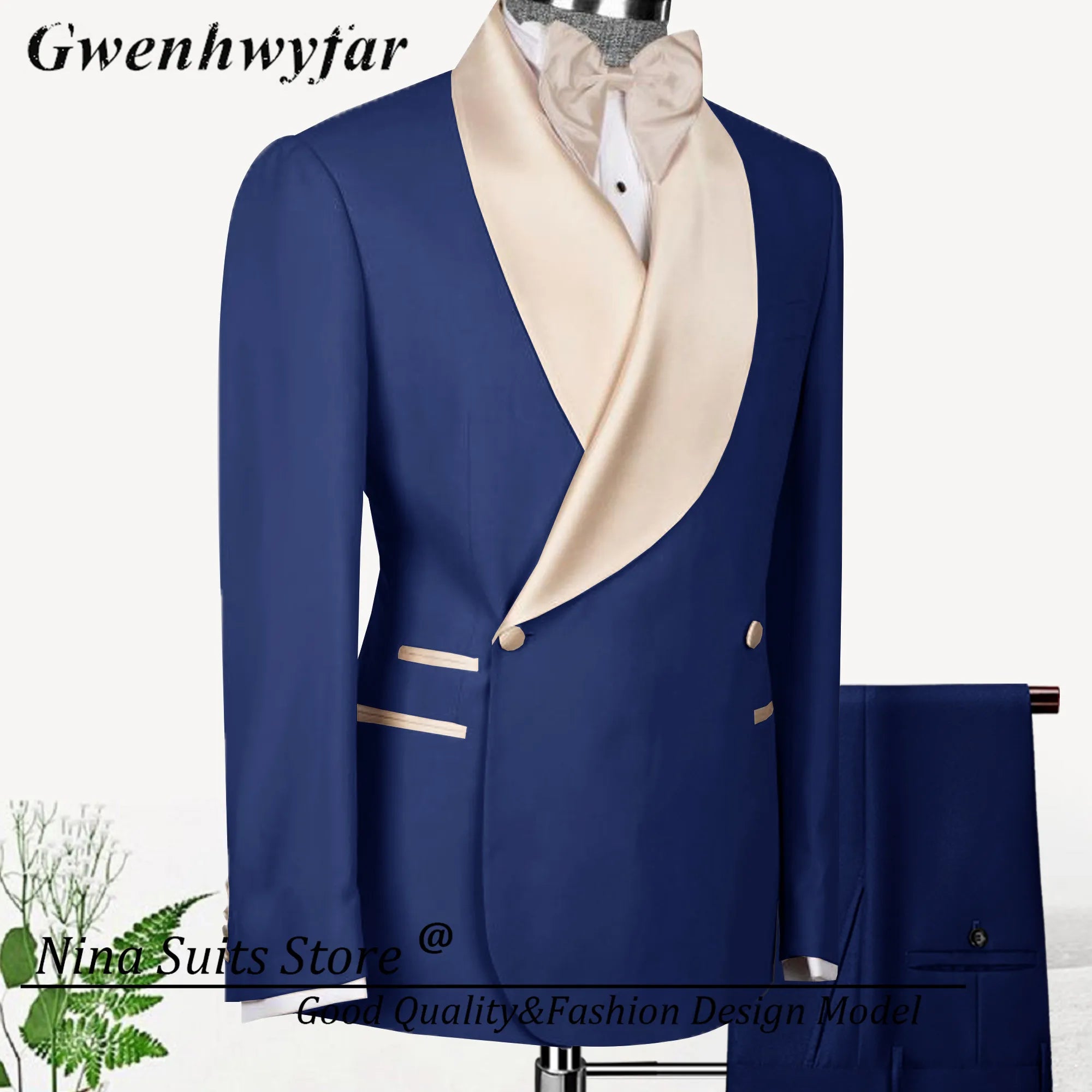Nina Store Double Breasted Suits for Men Navy Blue Blazer Pants 2024 Formal Champagne Lapel Party Wear Costume Homme for Wedding