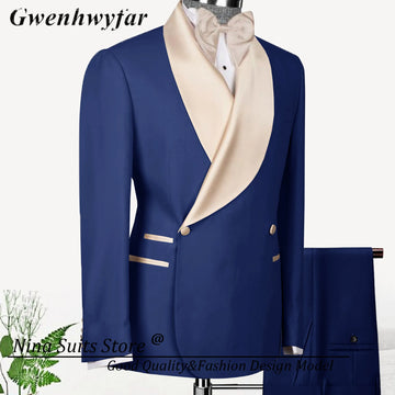 Nina Store Double Breasted Suits for Men Navy Blue Blazer Pants 2024 Formal Champagne Lapel Party Wear Costume Homme for Wedding
