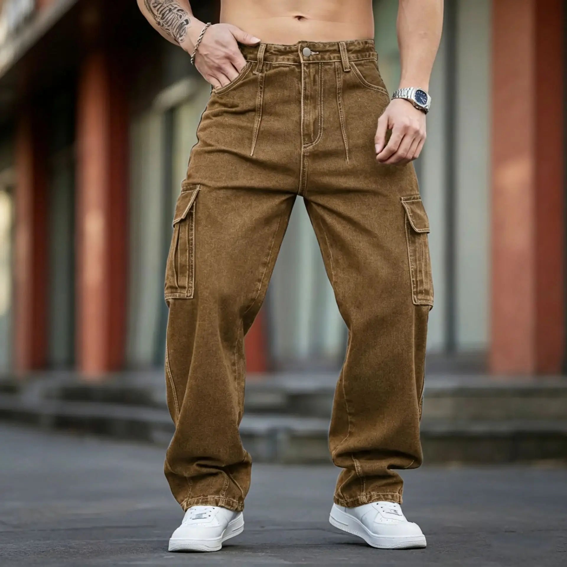Men Multi Cargo Pocket Jeans Vintage Loose Wide Leg Straight Denim Pants Streetwear Hip Hop Workwear Trousers