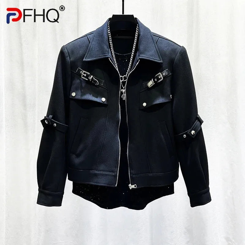 PFHQ Personalized Fashion Design Men's Straps Workwear Jacket Fashion Loose Casual 2024 Solid Color Male Tops Darkwear