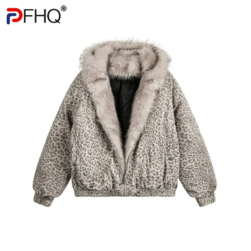 PFHQ Niche Design Men's Fleece Jackets Hooded Leopard Print Fur Thick Padded Coats Thermal Contrast Color Male Clothing CPG2405