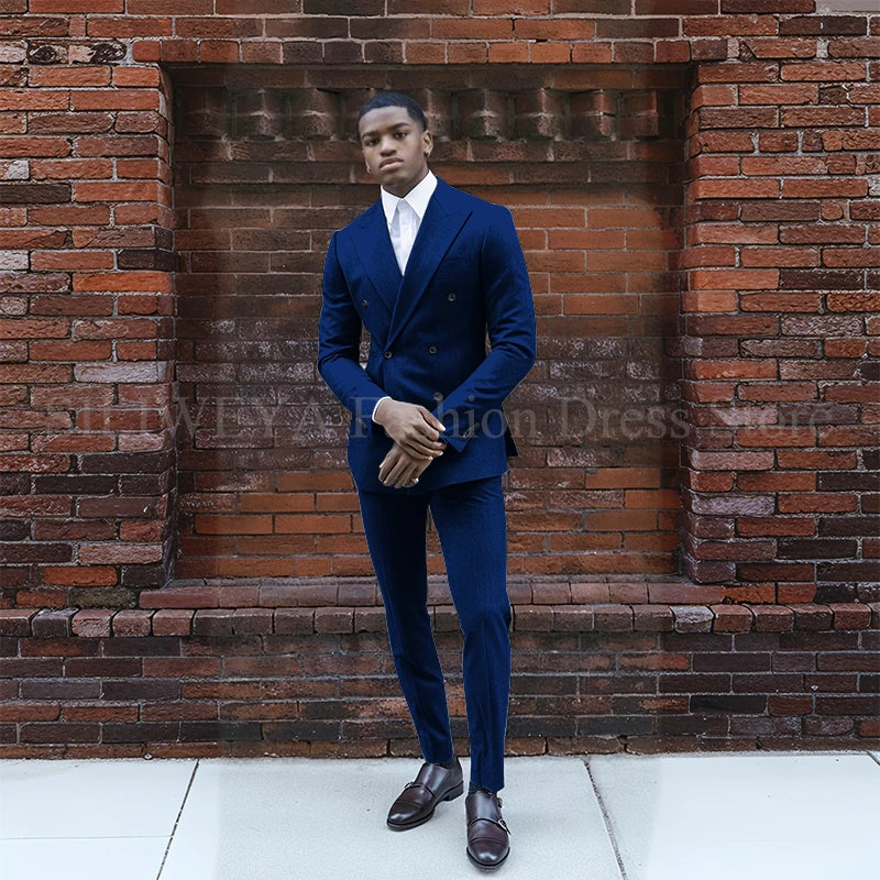 Grey Double Breasted Men's Suit 2 Pieces Jacket Pants Business Casual High Quality Office Stylish Male Clothing
