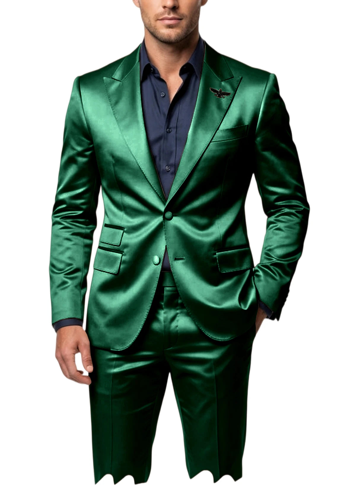 Men's Satin 2-Piece Suit Set Slim Fit Peak Lapel Tuxedo Blazer With Straight Leg Pants For Wedding Party Formal Wear