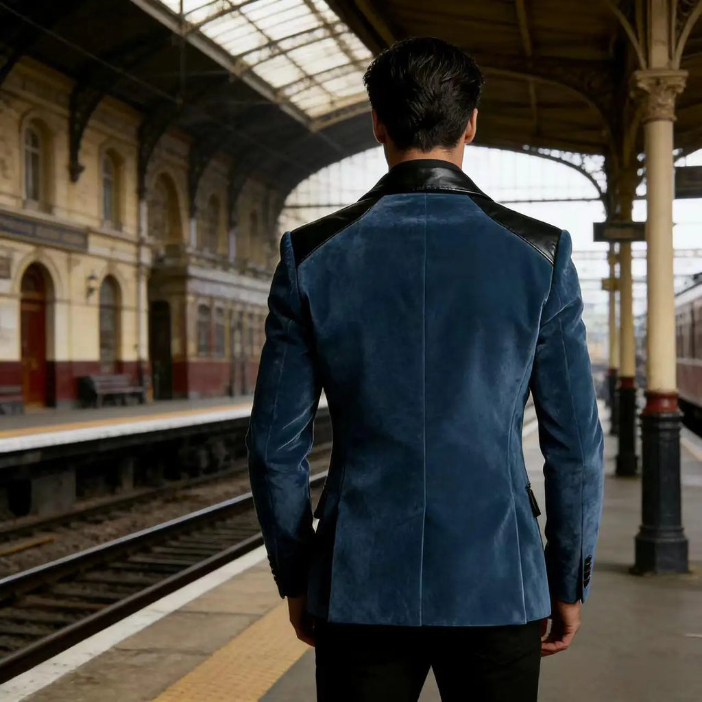 Men's Velvet Blazer with Leather Patchwork Slim Fit Two Button Peak Lapel Suit Jacket for Business Wedding Party Flap Pockets
