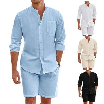 Men's Beach Casual Sky Blue White Black Sports Suit Linen Loose Long-sleeved Shirts Trousers Workwear Two-piece Male Outfit Sets