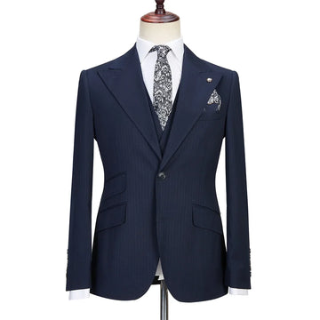 High Quality Men Suits Notch Lapel Single Breasted Navy Blue Pinstripe Suit Smart Casual Formal Party 3 Piece Formal Blazer