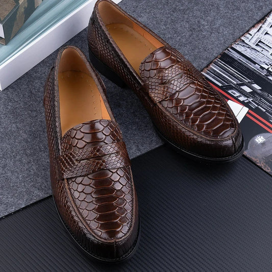 Snake Printing Leather Men Shoes Loafers Design Slip on Daily Casual Shoe Genuine Cowhide Handmade Sewing Comfortable Dress Shoe