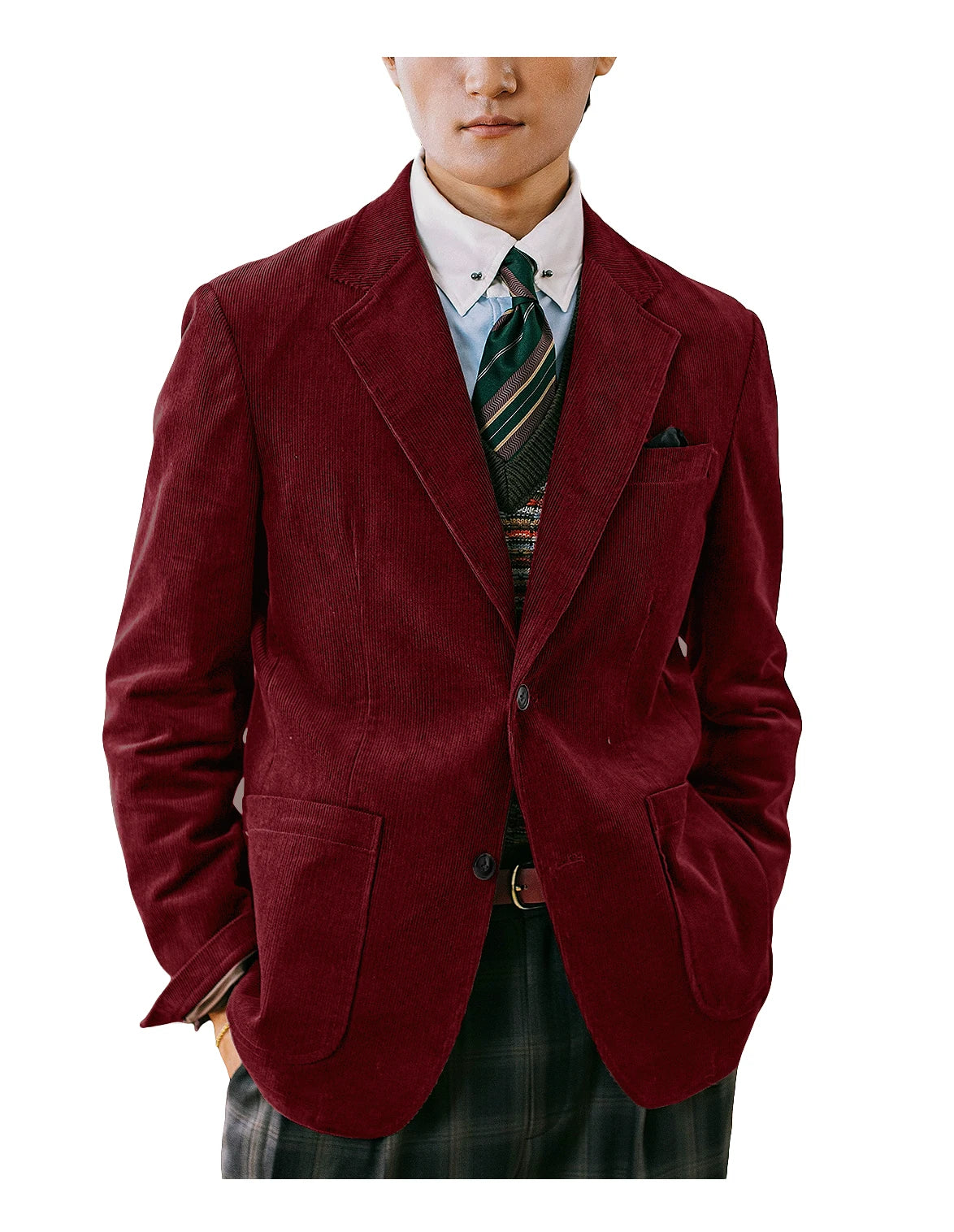 Men's Corduroy Blazer British Style Notched Lapel Casual Slim Fit Suit Jacket For Business Wedding Daily Wear Party