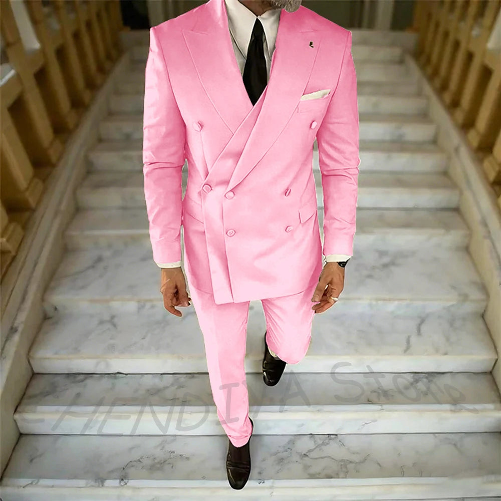 High Quality Peaked Lapel Suit For Men Double Breasted Gentleman Wedding Groom Tuxedo Custom Man Fashion Clothes Set Two Pieces